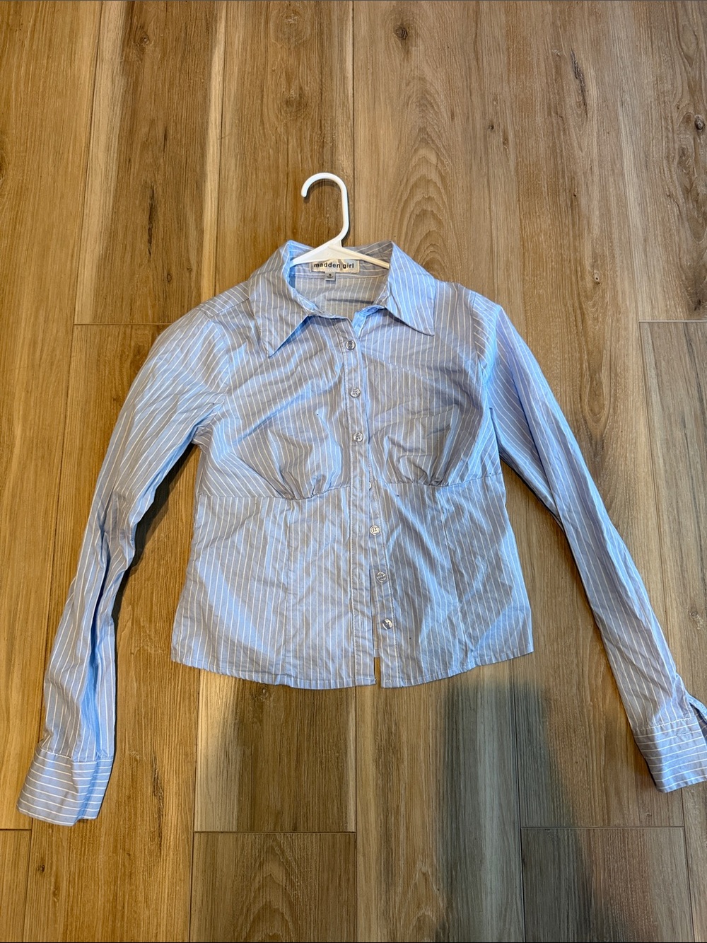 Madden Girl Light Blue and White Striped Button-Up Shirt